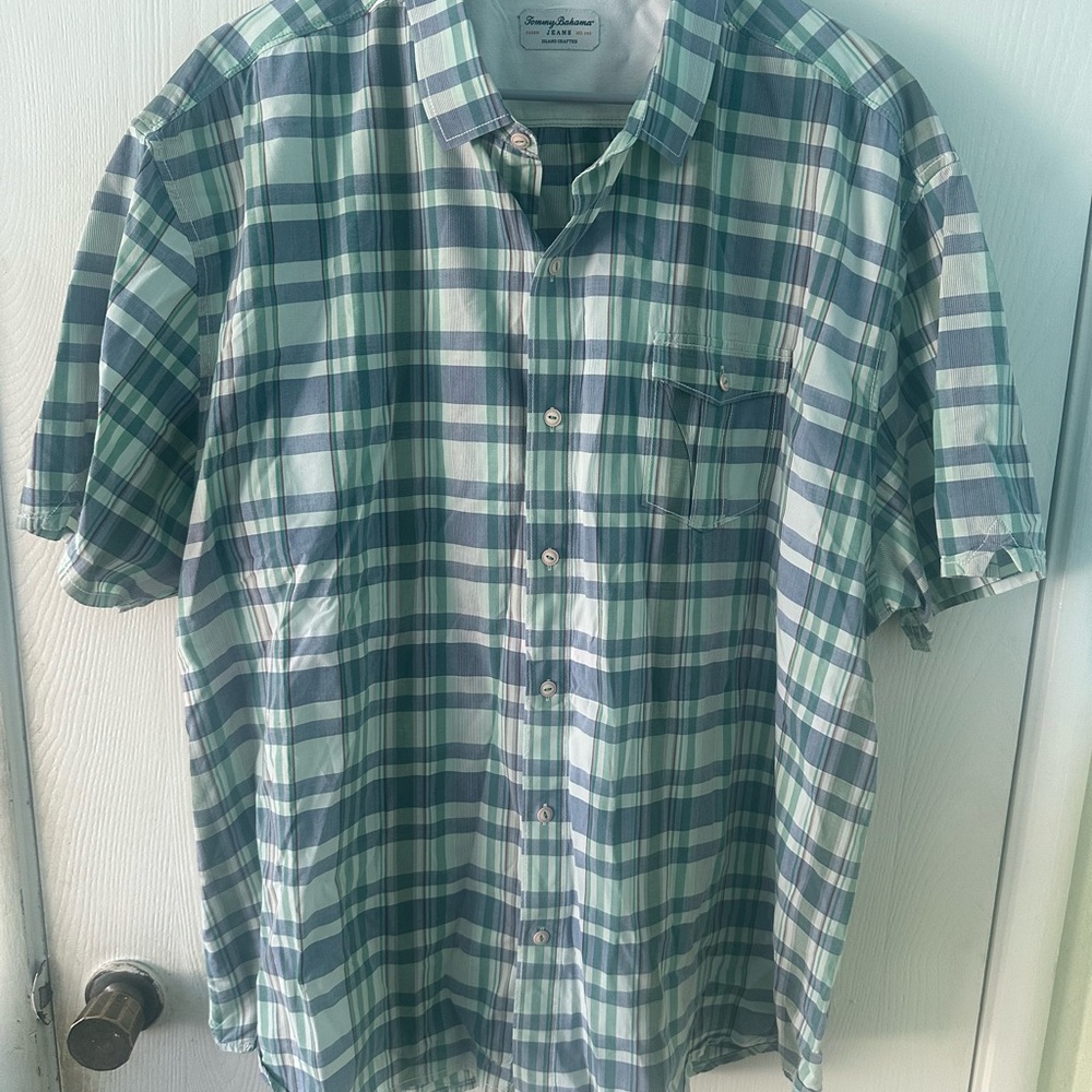 Tommy Bahama Blue and Green Plaid Short-Sleeve Button-Down Shirt